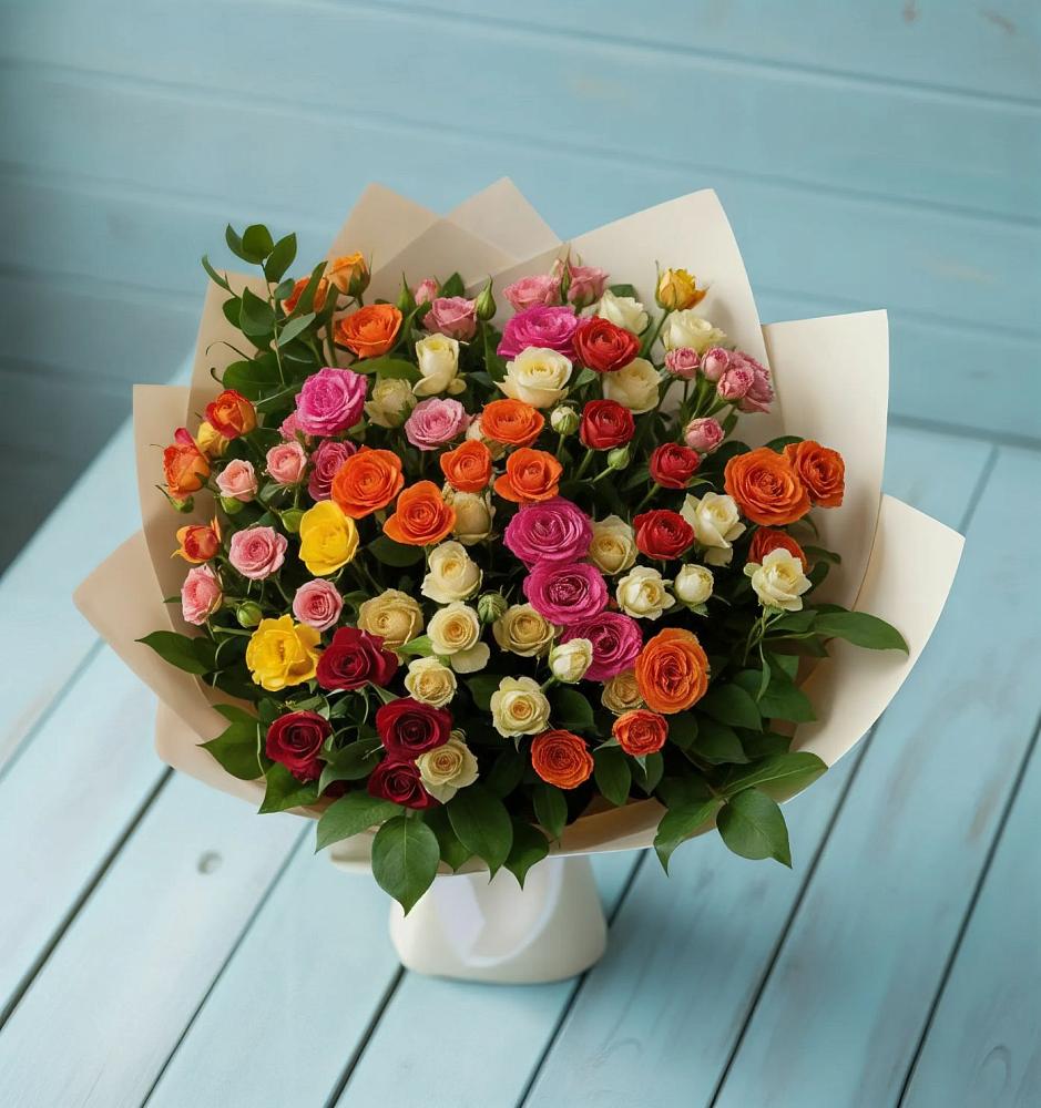 Букет Микс из разноцветных кустовых роз в Ялуторовске